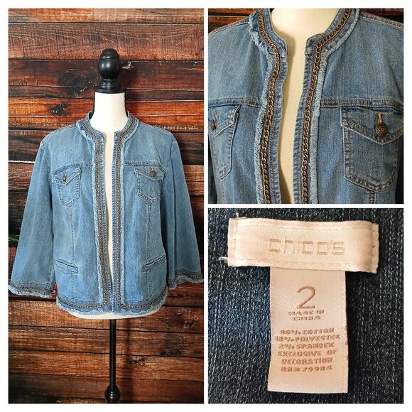 Chico's Jean Jacket 2 Large Chauncey Chain Fringe Open Front Cropped 3/4 Sleeves - Picture 1 of 11